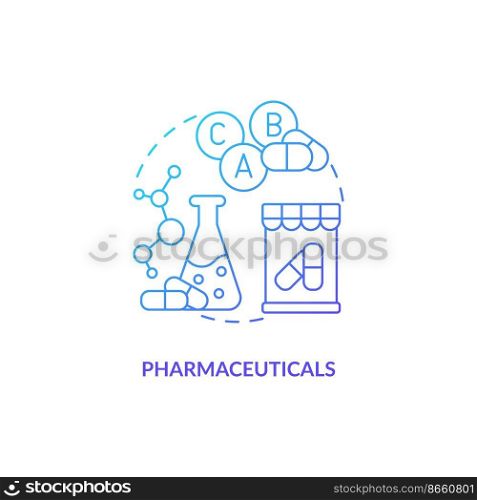 Pharmaceuticals blue gradient concept icon. Medical manufacturing. Drugs production company abstract idea thin line illustration. Isolated outline drawing. Myriad Pro-Bold font used . Pharmaceuticals blue gradient concept icon