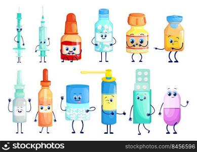 Pharmaceuticals cartoon characters set. Cute funny pill bottles, tablet blisters, injection syringe, drops, spray isolated on white. For meds, remedy, pharmacy, treatment concept