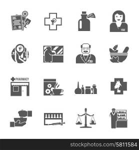 Pharmacicst black icons set. Pharmacy chemist shop black icons set with cross asclepius medical symbols and apothecary abstract isolated vector illustration