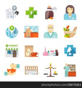 Pharmacicst flat icons set. Pharmacy and veterinary chemist shop flat icons set with pills and herbs mortar abstract isolated vector illustration
