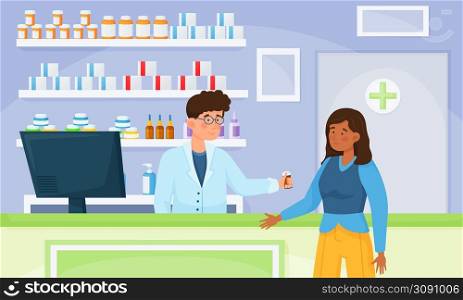 Pharmacist at counter consulting customer, woman in pharmacy shop. Female customer buying medicine in drugstore cartoon vector illustration. Selling pills or drugs in bottle, shelves with medication. Pharmacist at counter consulting customer, woman in pharmacy shop. Female customer buying medicine in drugstore cartoon vector illustration