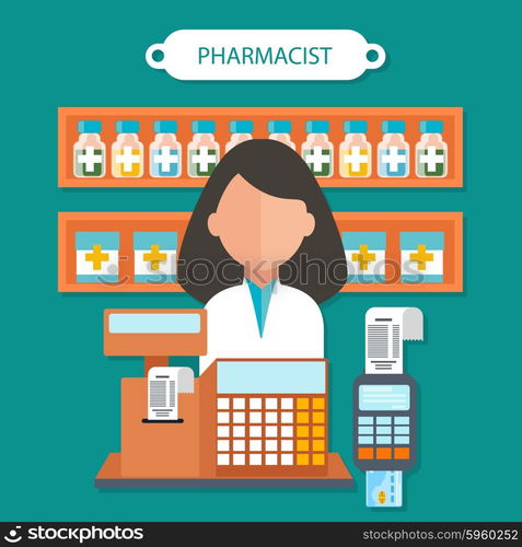 Pharmacist concept flat design. Pharmaceutical and doctor, health and medical, medicine occupation, person and care, healthcare and professional human illustration