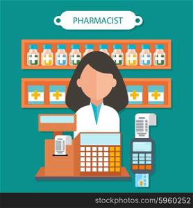 Pharmacist concept flat design. Pharmaceutical and doctor, health and medical, medicine occupation, person and care, healthcare and professional human illustration