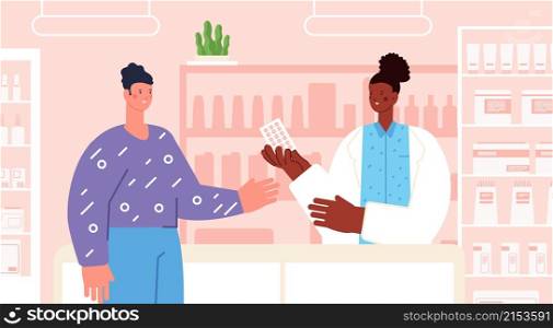 Pharmacist consult. Pharmacy seller sell drug, medication drugstore. Patient and doctor at counter with pills. Medicine utter vector concept. Seller medical pharmaceutical, pharmacist woman. Pharmacist consult. Pharmacy seller sell drug, medication drugstore. Patient and doctor at counter with pills. Medicine utter vector concept
