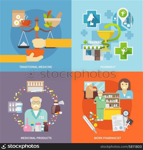 Pharmacist design concept set with traditional medicine and medicinal products flat icons isolated vector illustration. Pharmacist Icons Set