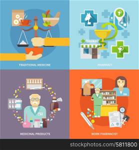 Pharmacist design concept set with traditional medicine and medicinal products flat icons isolated vector illustration. Pharmacist Icons Set