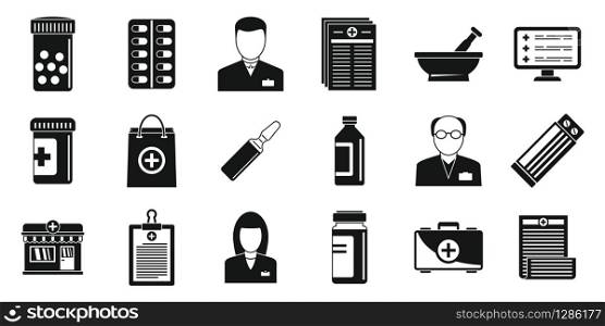 Pharmacist druggist icons set. Simple set of pharmacist druggist vector icons for web design on white background. Pharmacist druggist icons set, simple style
