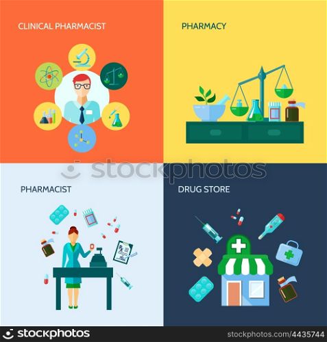 Pharmacist Flat Icon Set. Isolated flat conceptual pharmacy icon set with various medical devices and methods of drug application vector illustration