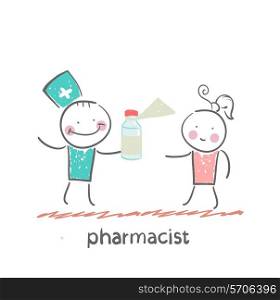 pharmacist. Fun cartoon style illustration. The situation of life.
