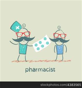 pharmacist gives the patient a tablet
