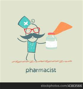 pharmacist holds a bottle with medicine