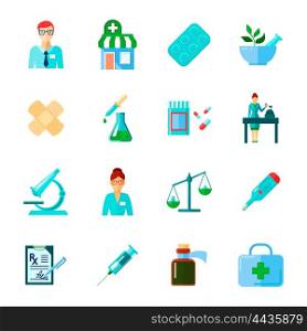 Pharmacist Icon Flat Set. Pharmacist isolated icon flat set with drugs and methods of use of different medical instruments vector illustration