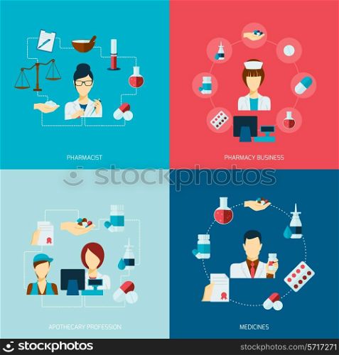 Pharmacist icons flat set with pharmacy business apothecary profession medicines isolated vector illustration