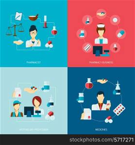 Pharmacist icons flat set with pharmacy business apothecary profession medicines isolated vector illustration
