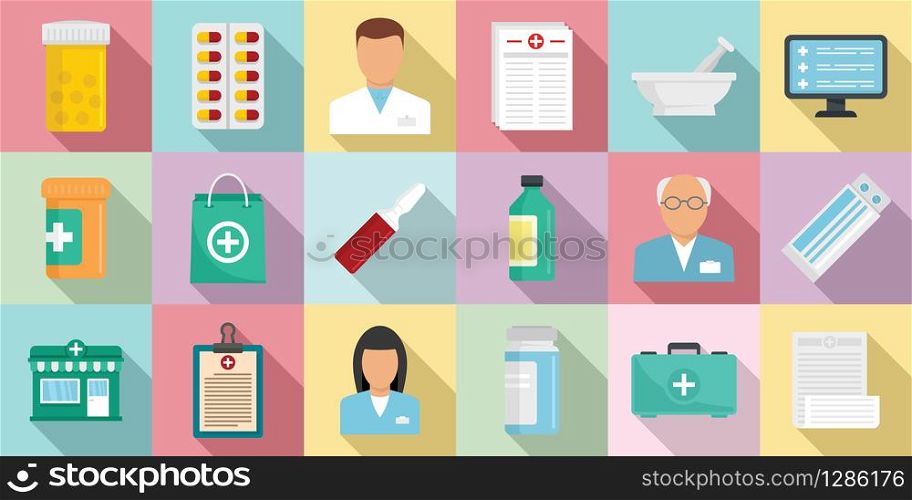 Pharmacist icons set. Flat set of pharmacist vector icons for web design. Pharmacist icons set, flat style