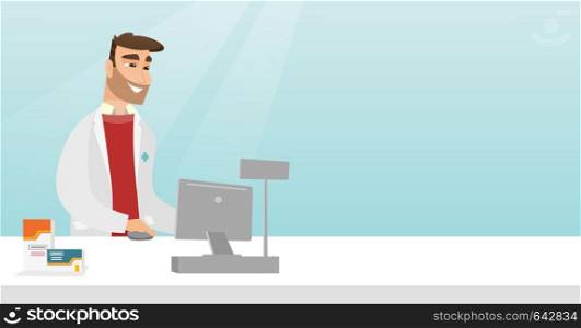 Pharmacist in a medical gown standing behind the counter in a pharmacy. Pharmacist working in the drugstore. Pharmacist working on a computer. Vector flat design illustration. Horizontal layout.. Pharmacist at counter with cash box.