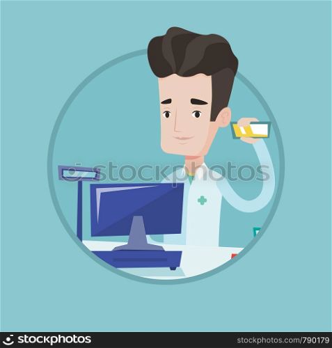 Pharmacist in medical gown standing at counter in pharmacy. Pharmacist showing some medicine. Pharmacist holding a box of pills. Vector flat design illustration in the circle isolated on background.. Pharmacist showing some medicine.