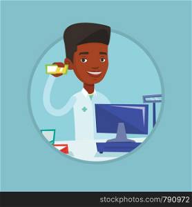 Pharmacist in medical gown standing at counter in pharmacy. Pharmacist showing some medicine. Pharmacist holding a box of pills. Vector flat design illustration in the circle isolated on background.. Pharmacist showing some medicine.