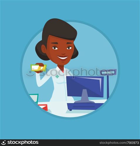 Pharmacist in medical gown standing at the counter in the pharmacy. Pharmacist showing medicine. Pharmacist holding a box of pills. Vector flat design illustration in the circle isolated on background. Pharmacist showing some medicine.