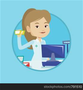 Pharmacist in medical gown standing at the counter in the pharmacy. Pharmacist showing medicine. Pharmacist holding a box of pills. Vector flat design illustration in the circle isolated on background. Pharmacist showing some medicine.