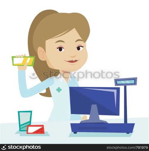 Pharmacist in medical gown standing at the counter in the pharmacy. Pharmacist showing some medicine. Pharmacist holding a box of pills. Vector flat design illustration isolated on white background.. Pharmacist showing some medicine.