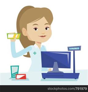 Pharmacist in medical gown standing at the counter in the pharmacy. Pharmacist showing some medicine. Pharmacist holding a box of pills. Vector flat design illustration isolated on white background.. Pharmacist showing some medicine.