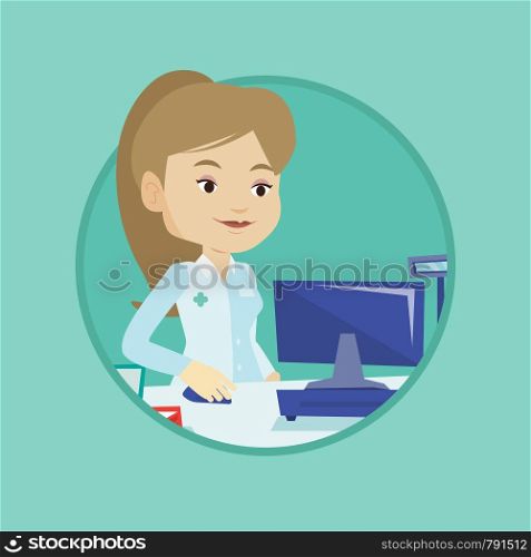 Pharmacist in medical gown standing at the pharmacy counter. Caucasian pharmacist in drugstore. Pharmacist working on a computer. Vector flat design illustration in the circle isolated on background.. Pharmacist at counter with cash box.