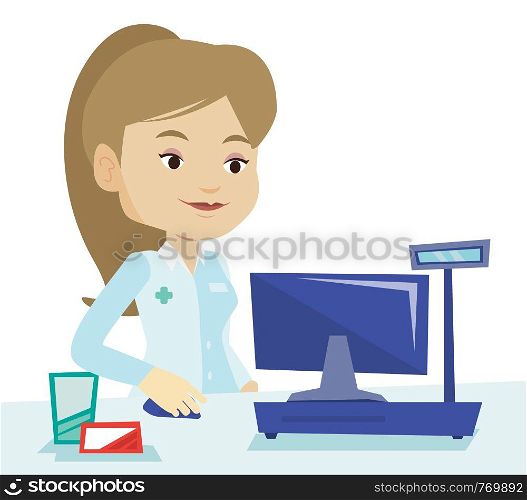 Pharmacist in medical gown standing at the pharmacy counter. Female pharmacist in the drugstore. Young pharmacist working on a computer. Vector flat design illustration isolated on white background.. Pharmacist at counter with cash box.