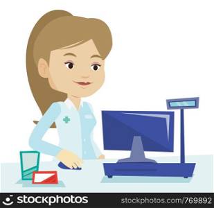 Pharmacist in medical gown standing at the pharmacy counter. Female pharmacist in the drugstore. Young pharmacist working on a computer. Vector flat design illustration isolated on white background.. Pharmacist at counter with cash box.