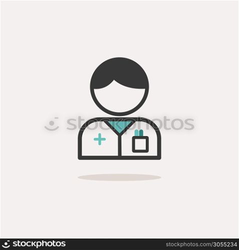 Pharmacist man. Icon with shadow on a beige background. Pharmacy flat vector illustration