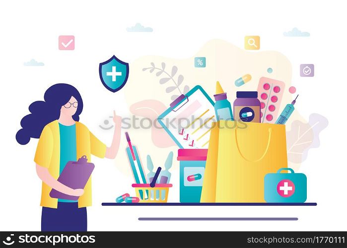 Pharmacist sells drugs. Nurse working in drugstore.Farmacy and healthcare concept. Medical bag with pills, termometr, syringe and bottles. First aid kit.Banner in trendy style.Flat vector illustration. Pharmacist sells drugs. Nurse working in drugstore.Farmacy and healthcare concept
