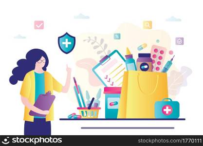 Pharmacist sells drugs. Nurse working in drugstore.Farmacy and healthcare concept. Medical bag with pills, termometr, syringe and bottles. First aid kit.Banner in trendy style.Flat vector illustration. Pharmacist sells drugs. Nurse working in drugstore.Farmacy and healthcare concept