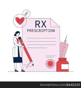 Pharmacist signing drug prescription flat vector illustration. Pharmaceutical painkiller medication RX prescription for sick patient. Pharmacy, healthcare, and medicine concept.