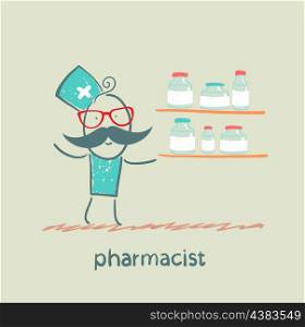 Pharmacist standing next to a shelf on which medicines