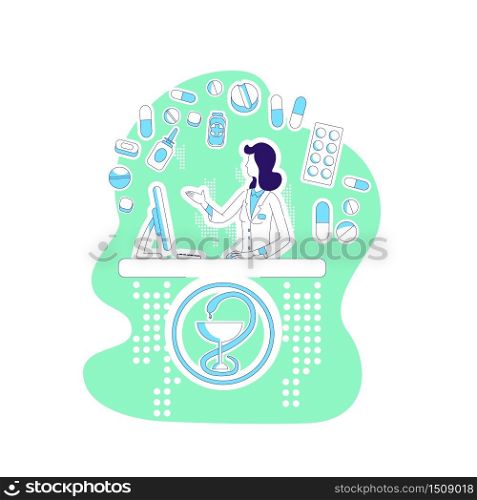 Pharmacist thin line concept vector illustration. Woman in medical gown, female pharmacy worker 2D cartoon character for web design. Medicine, cure selling, healthcare creative idea