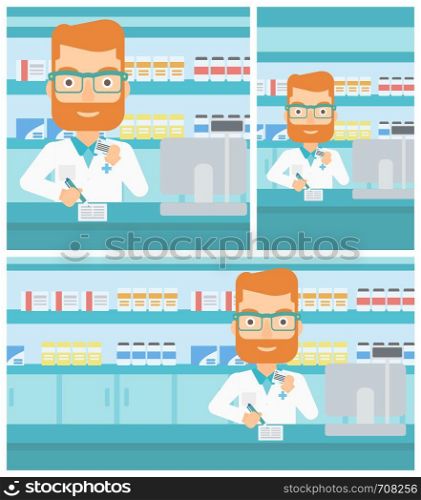 Pharmacist with the beard in medical gown standing at pharmacy counter, writing on clipboard and holding prescription in hand. Vector flat design Illustration. Square, horizontal, vertical layouts.. Pharmacist writing prescription.
