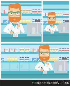 Pharmacist with the beard in medical gown standing at pharmacy counter, writing on clipboard and holding prescription in hand. Vector flat design Illustration. Square, horizontal, vertical layouts.. Pharmacist writing prescription.