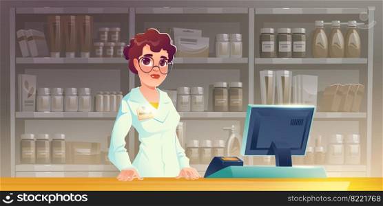 Pharmacist woman at pharmacy counter. Drugstore interior with medical products on shelves. Apothecary female character with serious face wear white lab coat and glasses, Cartoon vector illustration. Pharmacist woman at pharmacy counter in drugstore