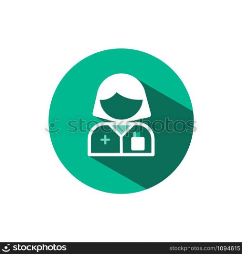 Pharmacist woman icon with shadow on a green circle. Flat color vector pharmacy illustration