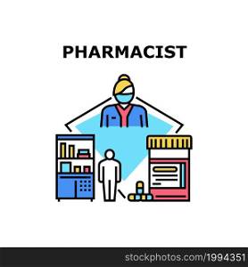 Pharmacist Work Vector Icon Concept. Pharmacist Worker Help Customer Search Medicament In Pharmacy Store. Drugstore Expert Selling Drug And Healthcare Syrup, Medical Job Color Illustration. Pharmacist Work Vector Concept Color Illustration