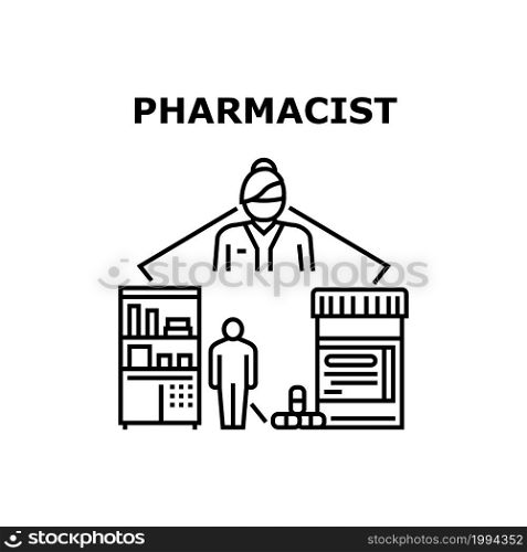 Pharmacist Work Vector Icon Concept. Pharmacist Worker Help Customer Search Medicament In Pharmacy Store. Drugstore Expert Selling Drug And Healthcare Syrup, Medical Job Black Illustration. Pharmacist Work Vector Concept Black Illustration