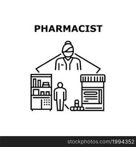 Pharmacist Work Vector Icon Concept. Pharmacist Worker Help Customer Search Medicament In Pharmacy Store. Drugstore Expert Selling Drug And Healthcare Syrup, Medical Job Black Illustration. Pharmacist Work Vector Concept Black Illustration