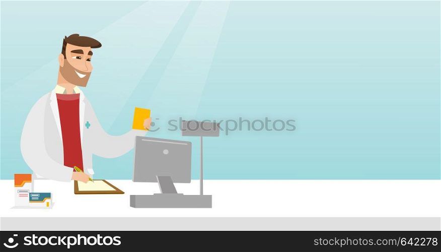 Pharmacist writing notes and holding a prescription. Pharmacist in medical gown standing behind the counter. Pharmacist reading a prescription. Vector flat design illustration. Horizontal layout.. Pharmacist writing a prescription.