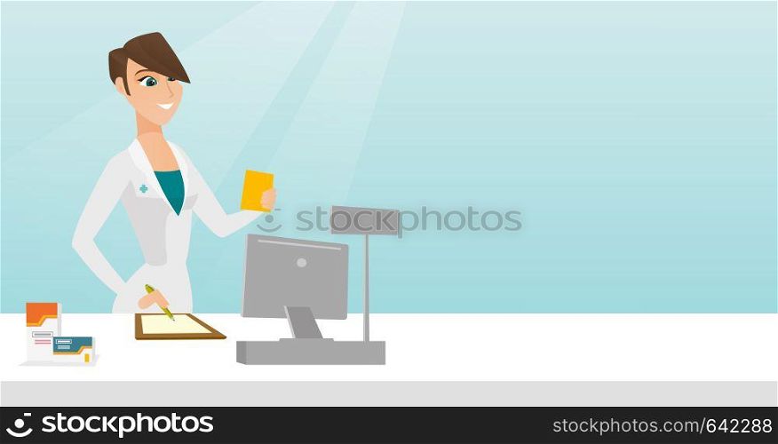 Pharmacist writing notes and holding a prescription. Pharmacist in medical gown standing behind the counter. Pharmacist reading a prescription. Vector flat design illustration. Horizontal layout.. Pharmacist writing prescription.