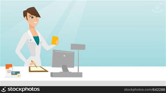 Pharmacist writing notes and holding a prescription. Pharmacist in medical gown standing behind the counter. Pharmacist reading a prescription. Vector flat design illustration. Horizontal layout.. Pharmacist writing prescription.