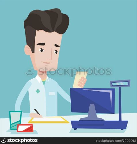 Pharmacist writing on clipboard and holding prescription. Pharmacist in medical gown standing at pharmacy counter. Pharmacist reading prescription. Vector flat design illustration. Square layout.. Pharmacist writing prescription.