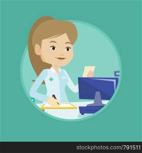 Pharmacist writing on clipboard and holding prescription. Pharmacist standing at pharmacy counter. Pharmacist reading prescription. Vector flat design illustration in the circle isolated on background. Pharmacist writing prescription.