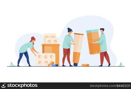 Pharmacists working with blisters of pills, bottle of drugs, tube of ointments. Medical employees working in drug store. Vector illustration for medicine, pharmacy, medicaments, drugstore concept