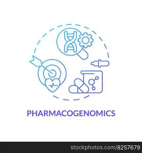 Pharmacogenomics blue gradient concept icon. Genes affect on responding to medications. Healthcare innovations. Genomic medicine abstract idea thin line illustration. Isolated outline drawing. Pharmacogenomics blue gradient concept icon