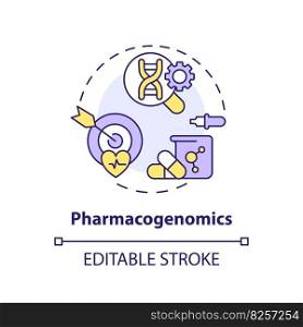Pharmacogenomics concept icon. Genes affect on responding to medications. Healthcare innovations. Genomic medicine abstract idea thin line illustration. Isolated outline drawing. Editable stroke. Pharmacogenomics concept icon